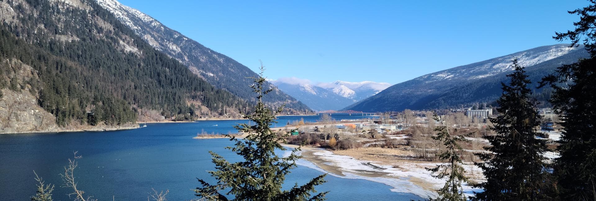 Panorama of Kootenay Lake and surrounding mountains