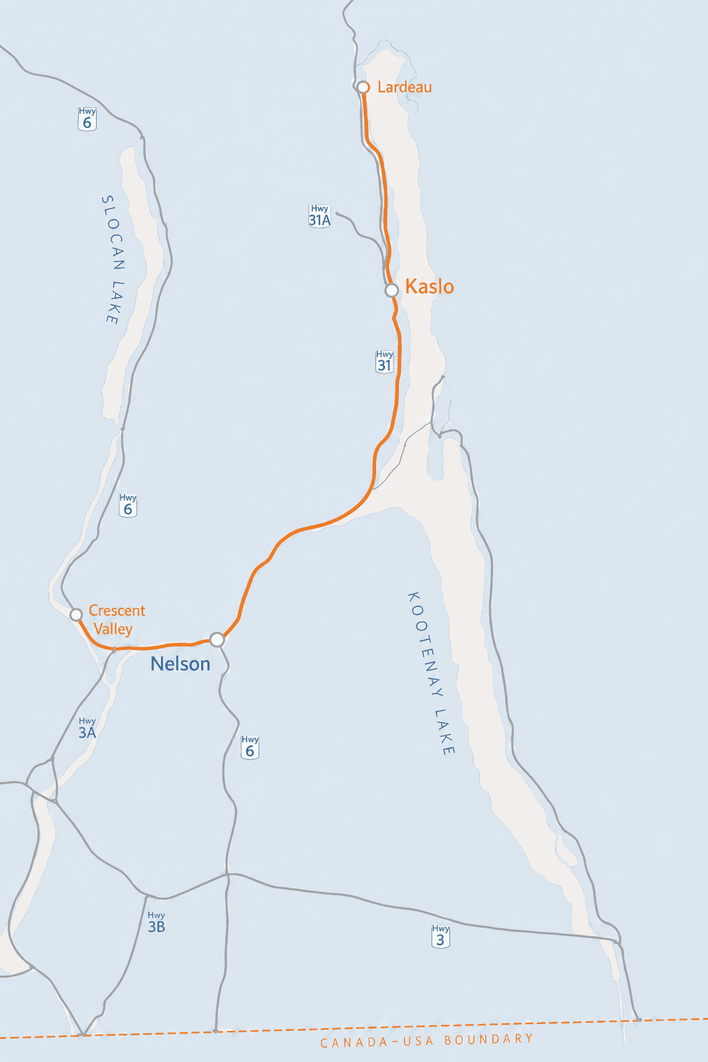 Map of our search area along Kootenay Lake — the highlighted route runs from Crescent Valley and Nelson north through Kaslo up to Lardeau